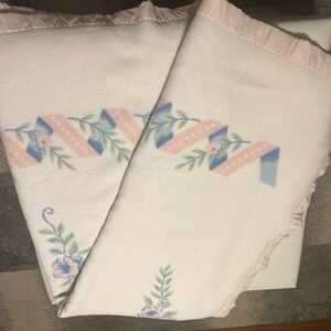 Vintage Chatham Blanket Pink Blue Flowers Pink Trim Grandma Rare Pattern 80x68